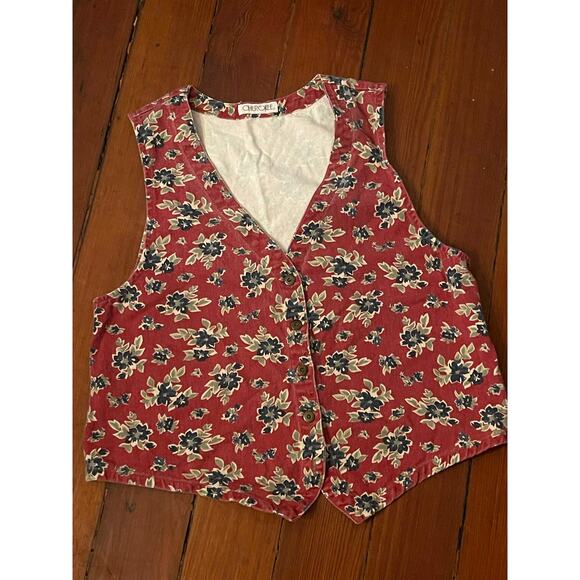 Vintage Cherokee denim floral print button up V-neck vest tank top - Picture 1 of 6